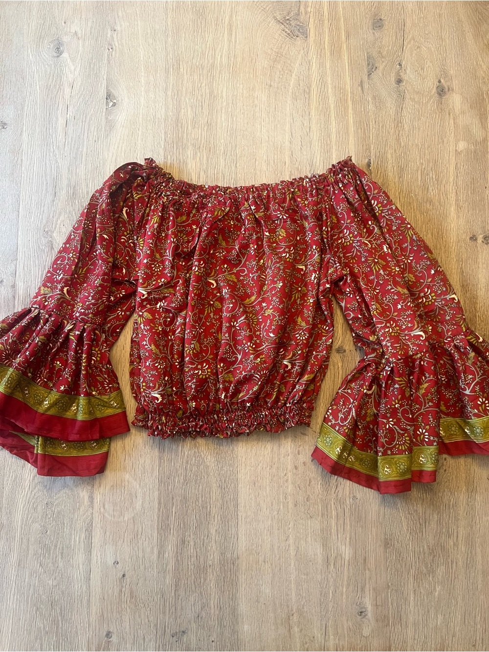 Off-Shoulder Boho Peasant Top in Burgundy Floral